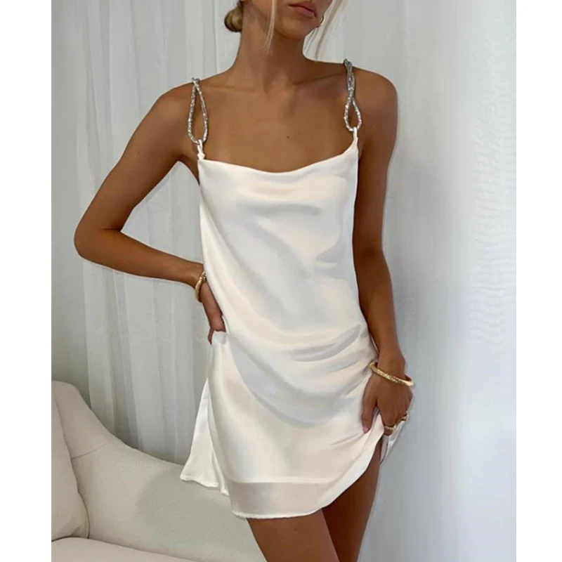 

Элегантное женское атласное платье, сексуальное женское мини-платье на бретелях-спагетти без рукавов, с воротником-стойкой, y2k, эстетичная о...