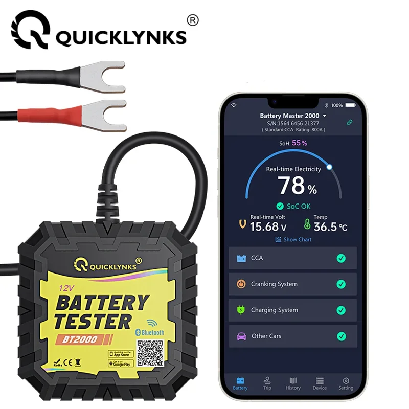 Quicklynks Bt2000 Тестер Автомобильного Аккумулятора 12 В Bluetooth-монитор Для Тестирования