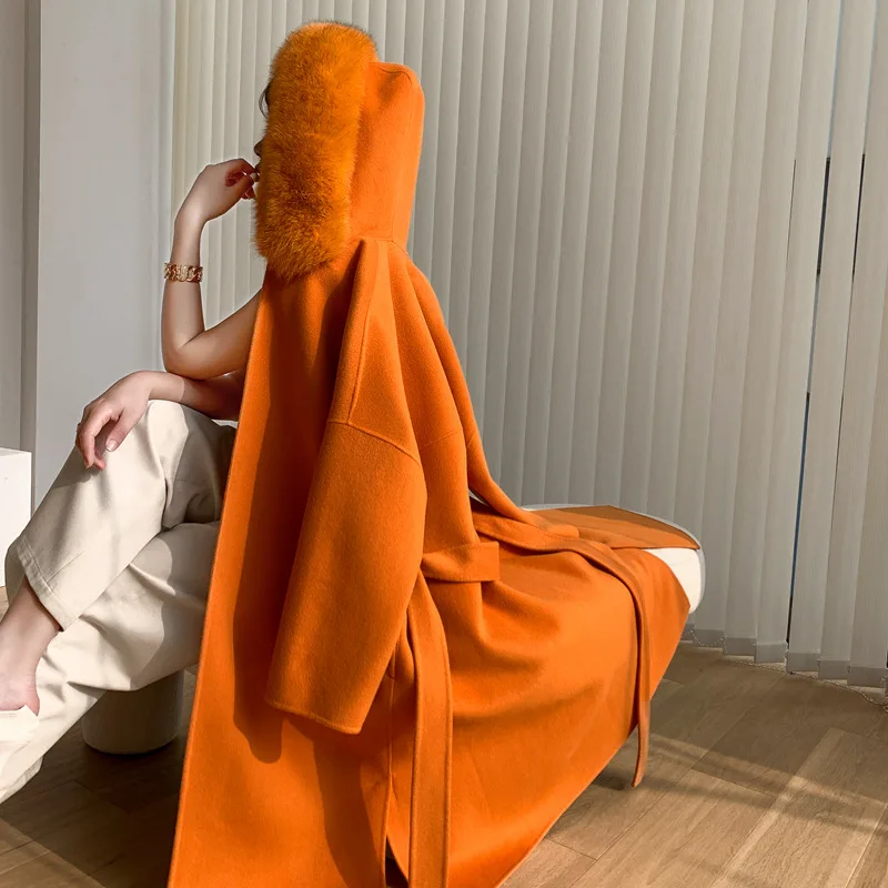 Winter Jacket For Women Real Fur Coat Fashion Luxury Cashmere Wool Blends Natural Fox Fur Trim Hood Outerwear Streetwear Belt