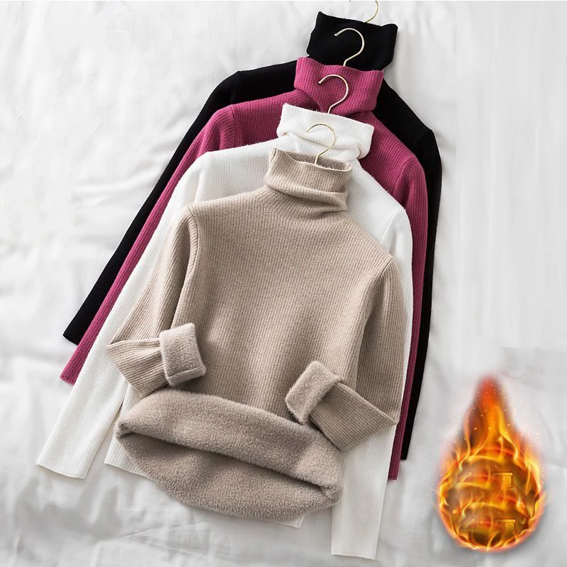 

Warm plus velvet thick turtle neck Sweater women's autumn and winter new Korean fashion One piece velvet knitted bottoming shirt