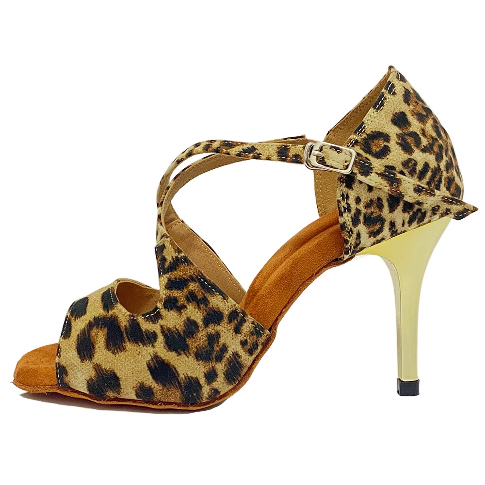 Latin Ballroom Dance Shoes Woman Zapatos De Baile Leopard Leather Indoor and Outdoor Salsa Latin Shoes for Girls  3inch 2.75inch