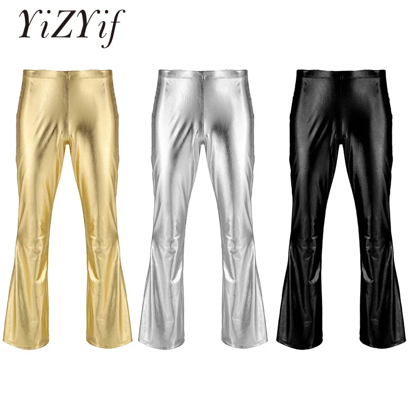 

YiZYiF Men Shiny Metallic Disco Pants Bell Bottom Flared Long Pants Dude Costume Trousers Men's Flare Pants Flared Bell Pants