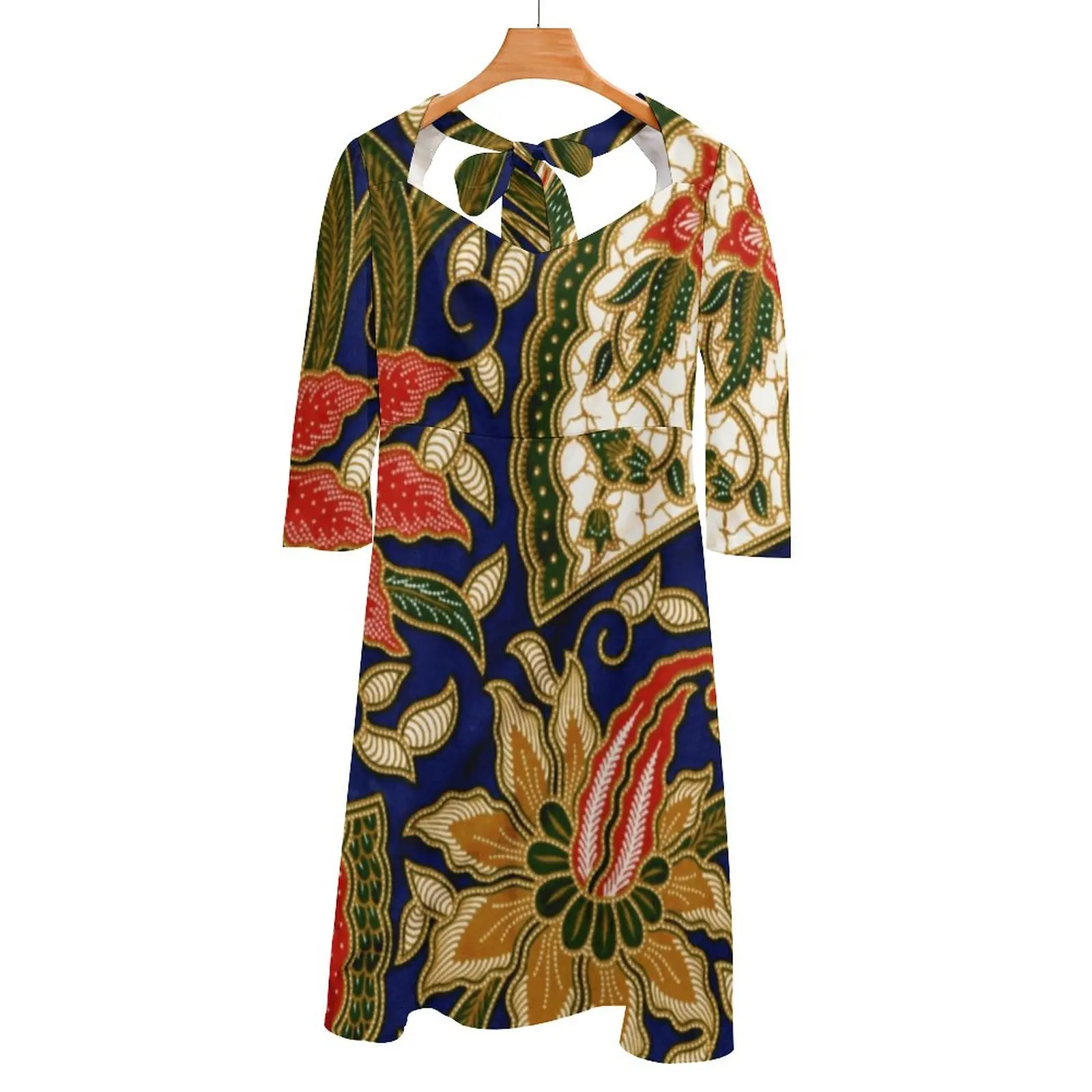 

Indonesian Batik Floral Pattern With Fans Back Lacing Backless Dress Square Neck Dress Fashion Design Large Size Loose Dress