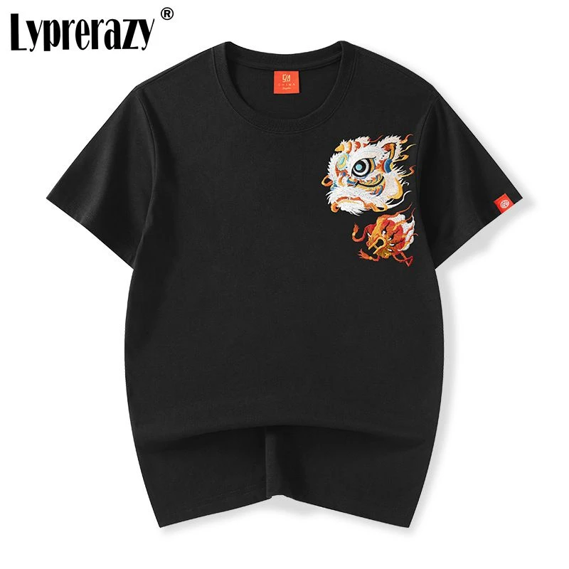 

Lyprerazy Men's Chinese Style Dance Lion Embroidery Short-sleeved T-shirt Summer Tide Brand Loose Tees