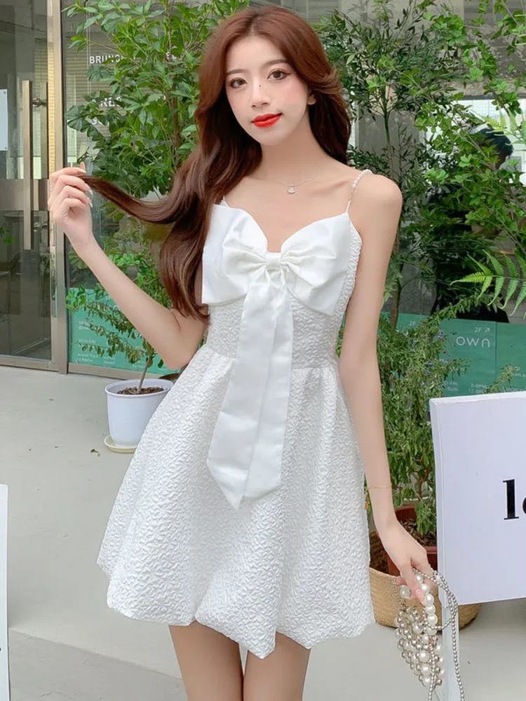 

Dresses For Women 2022 Elegant Sexy Mini Dress Big Bow Neck Sleeveless Beading Strap Tie Summer Party Dress