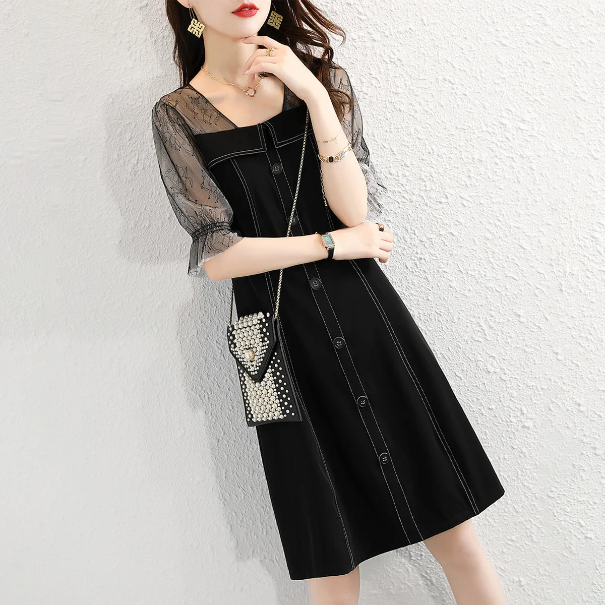 

Fashion Patchwork Lace Dresses Women Casual Loose V-Neck Knee-Length Single-Breasted Decoration Vestido Femenino High Quality