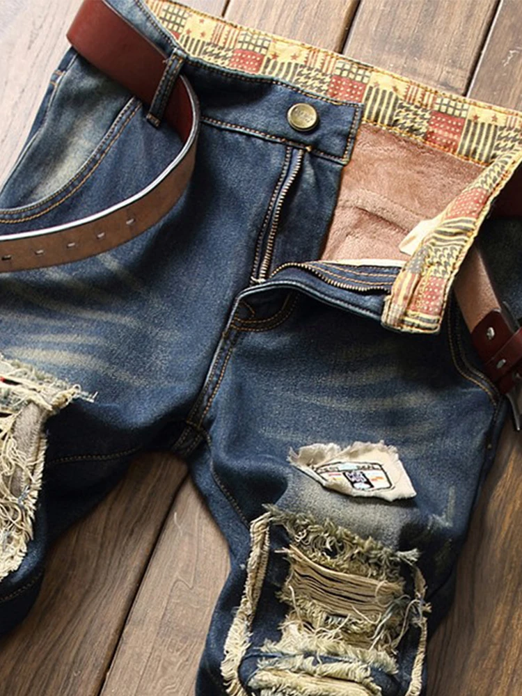 Men Fall Fleece Thick Jeans Slim-Fit Micro-Bounce Hip Hop Fashion Cat-Beard Straight Leg Denim Pants PROM Party Youth Men's Wear