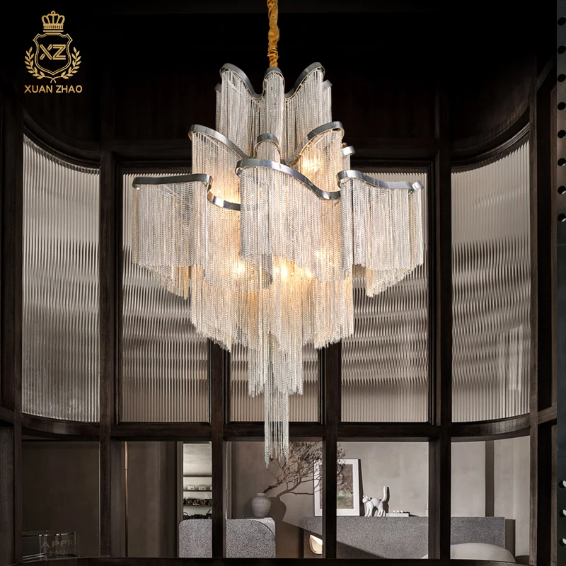 

XUANZHAO Modern Chandelier For Living Room Tassel Aluminum Chain Round Silver Lights Bedroom Hanging Lamp Villa Hallchandeliers