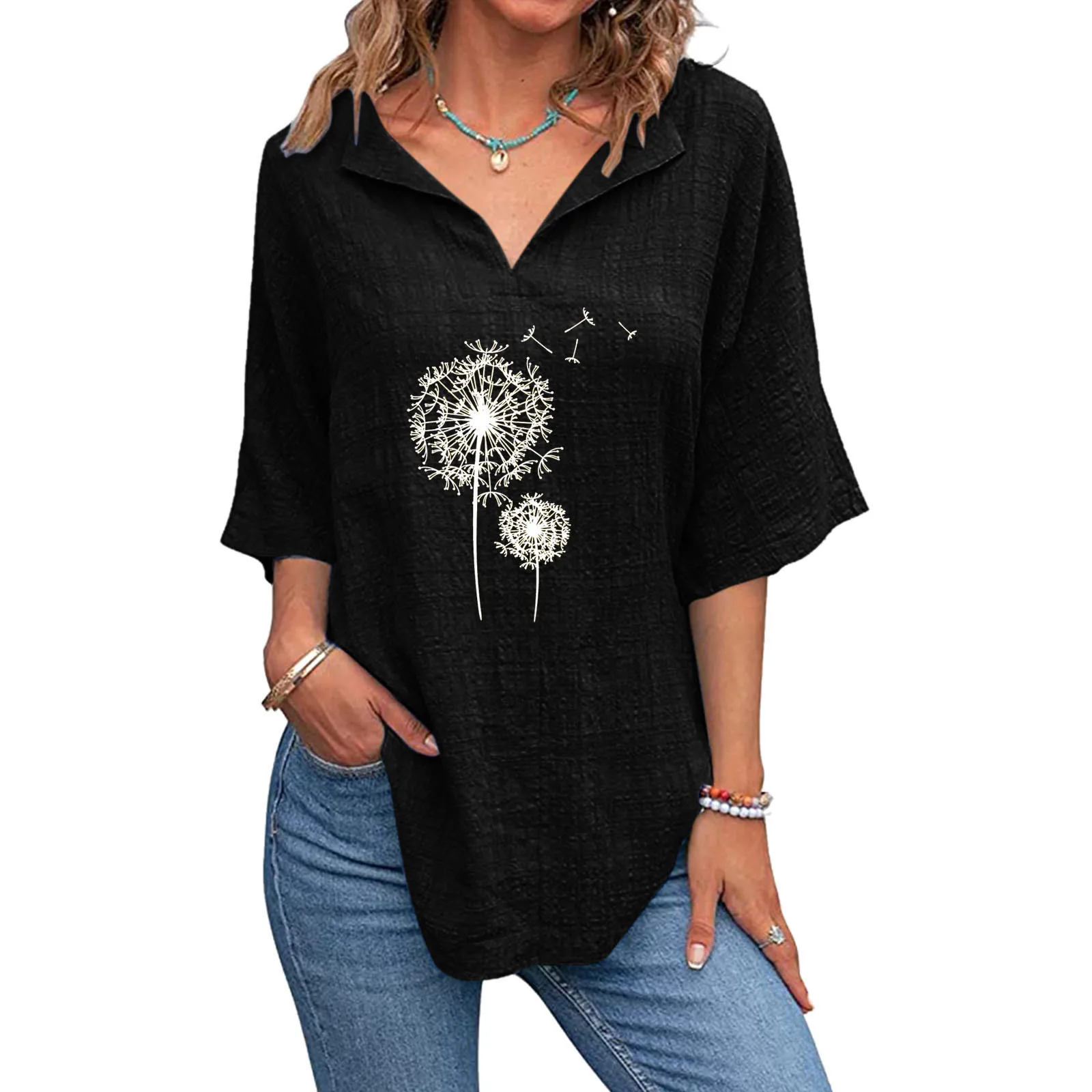 

Womens Dandelion Printing V Neck Shirts Short Sleeve Cotton Linen Tee Blouse Summer Loose Fit Casual T Shirts for Women Summer