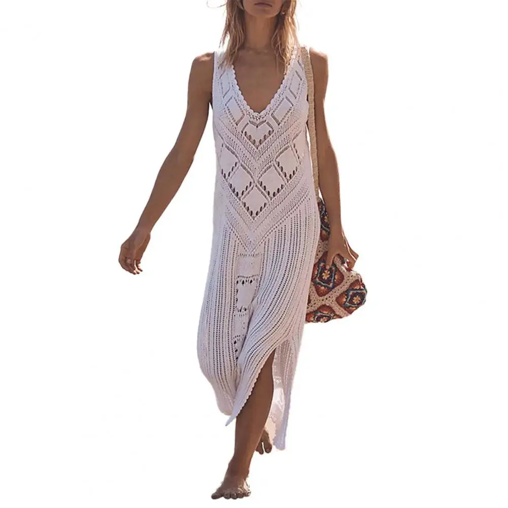 

Bikini Cover-up Sleeveless Deep V-Neck Hollow-out Cotton Summer Cover Up Dress Women Hollow Out Beachwear for Women