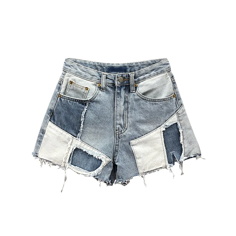 European Stitching Contrast Color Denim Shorts Women's Spring Summer New Denim Shorts Loose Casual Wide Leg Jeans Short Pants