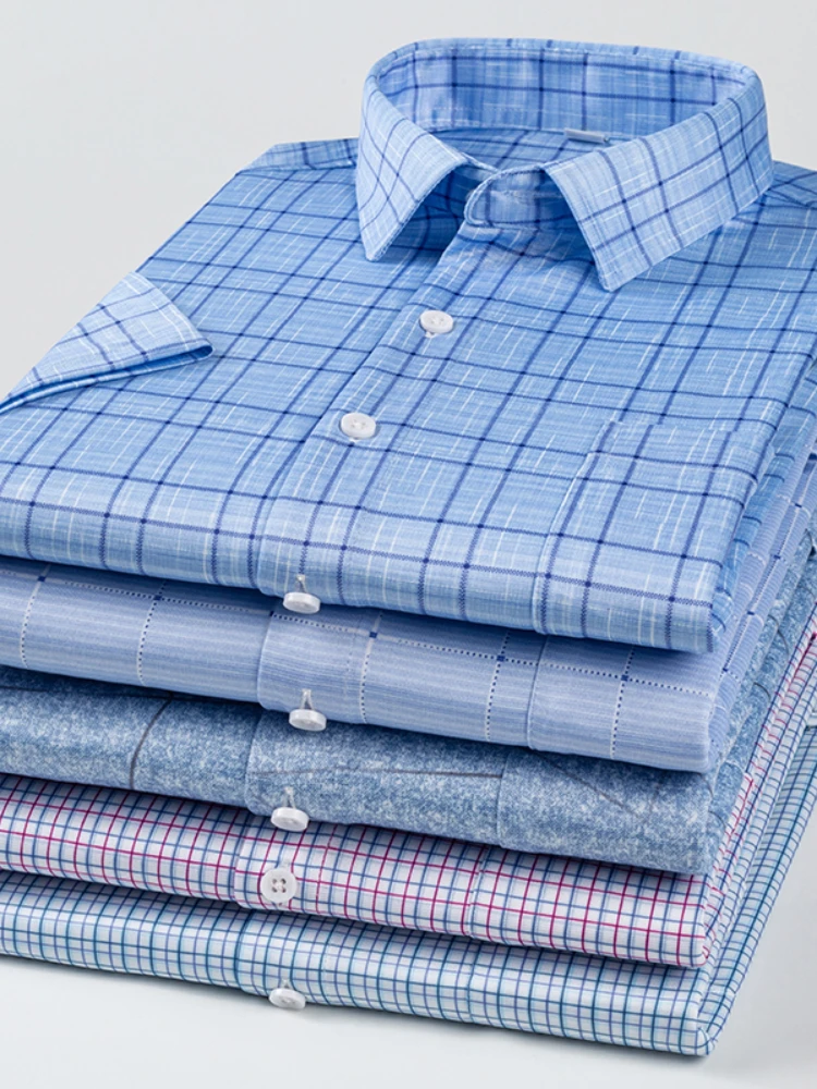 

2022 Summer Short Sleeve Men Casual Shirts Business Regular Fit Stretch Plaid Shirt For Mens Checkered Leisure Foral Comfortable