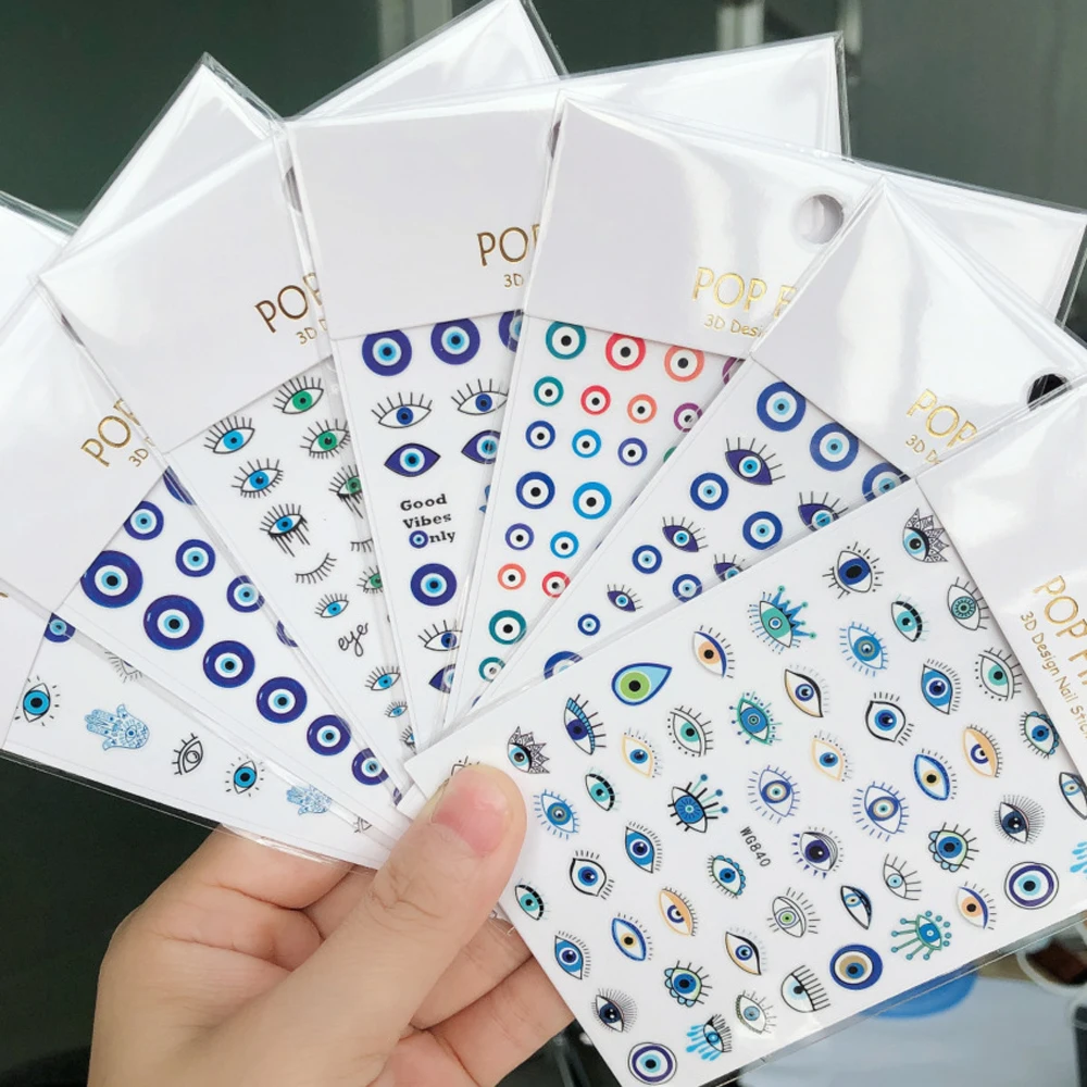 

1Pcs Blue Evil Eye Nail Art Sticker Abstract Simple LIne Self-adhesive Slider 3D Horrible Cartoon Pupil Decal Manicure Parts Q-9