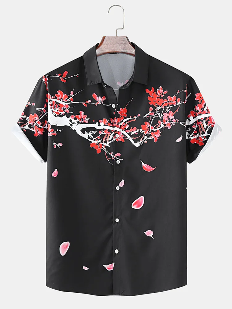 CharmkpR Stylish Well Fitting New Men's Tops Plum Blossom Printing Lapel Blouse Casual Streetwear Male Short Sleeve Shirts S-2XL