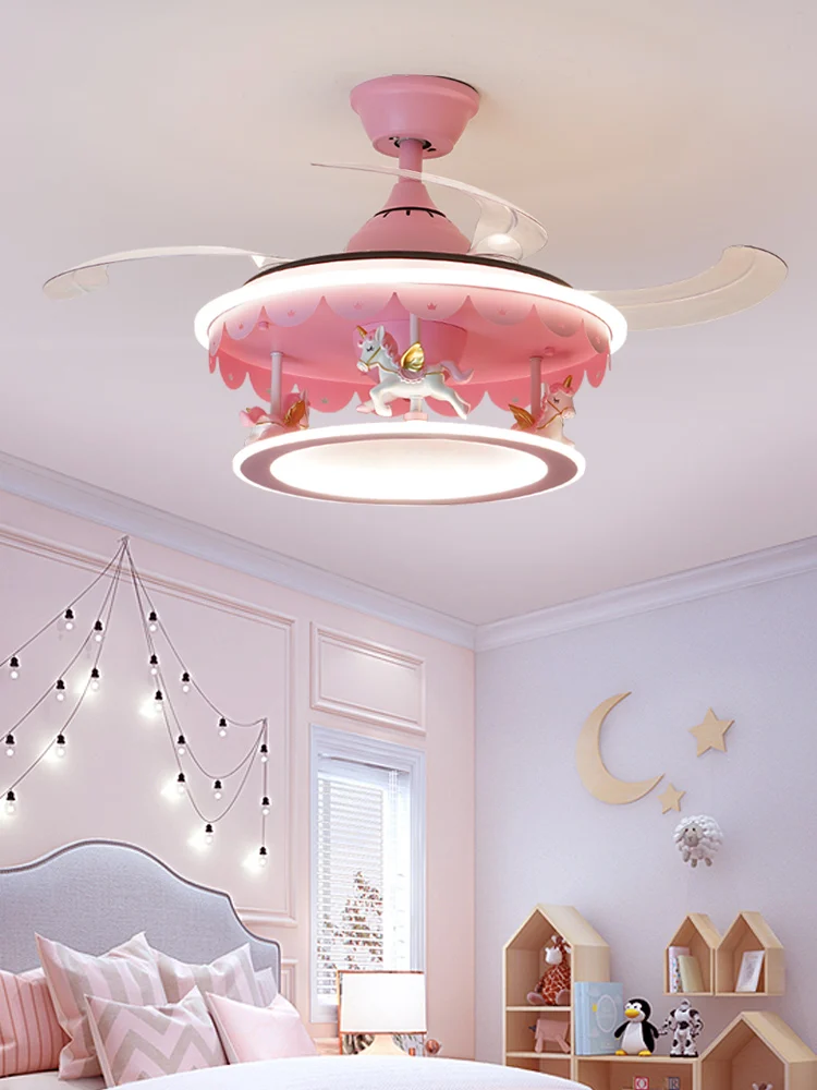 

Pink Trojan Children's Room Fan Lamp Girl Princess Bedroom Room Ceiling Fan Lights Creative Cartoon Full Spectrum Lamps
