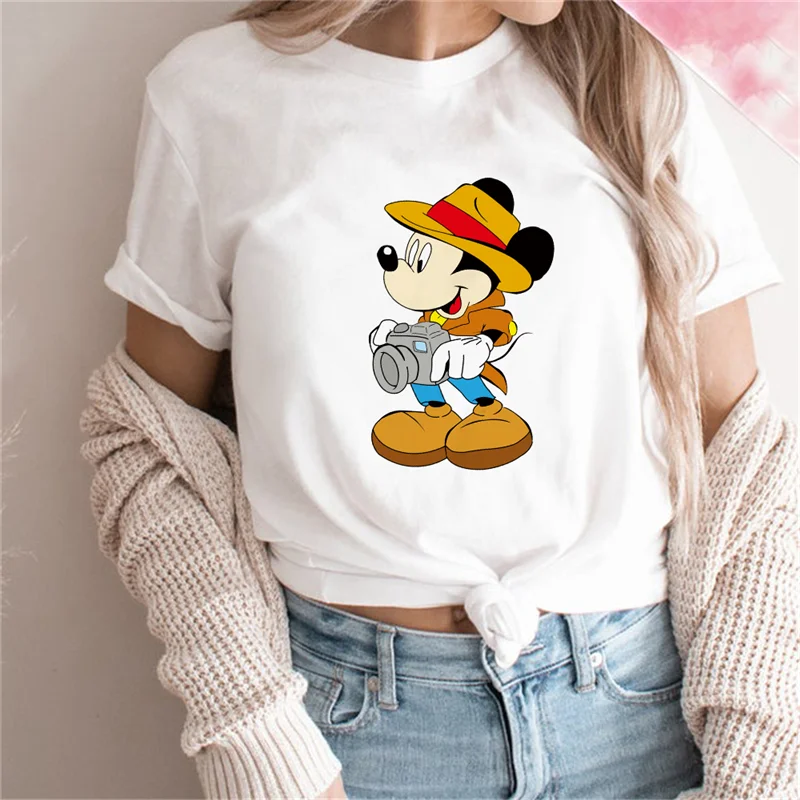 

Summer Short Sleeve Harajuku Disney Cartoon Girls Shirts Tops Tee Mickey Mouse Minie Graphic Tees Casual White O-neck Tshirt