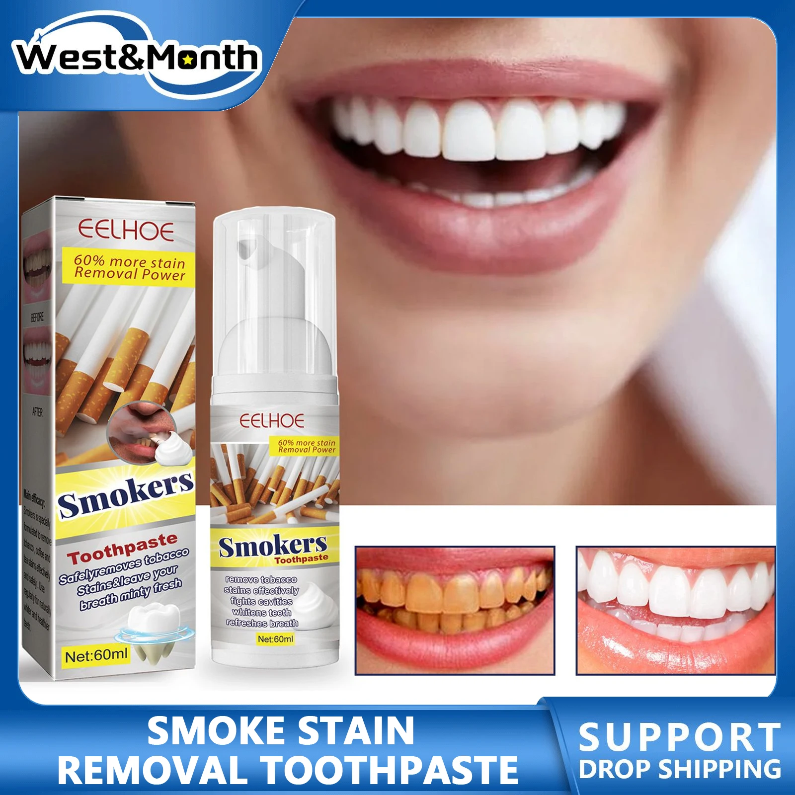 

Smoke Stain Removal Toothpaste Remove Cigarette Tea Coffee Stains Fresh Breath Whitening Cleansing Teeth Oral Hygiene Mousse
