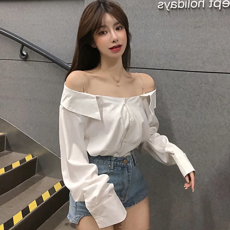 Кроп-Топ женский однотонный на пуговицах с длинным рукавом и открытыми плечами