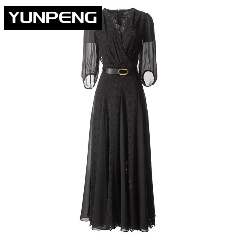 

Модное дизайнерское летнее женское платье, однотонное кружевное платье с V-образным вырезом и рукавами-фонариками, платье с вышивкой и поясом