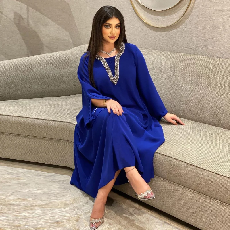 Islam Abaya Dress Summer Hot Drill Abayas Women's Blue Loose Fashion Dress, Suitable for European and American Women