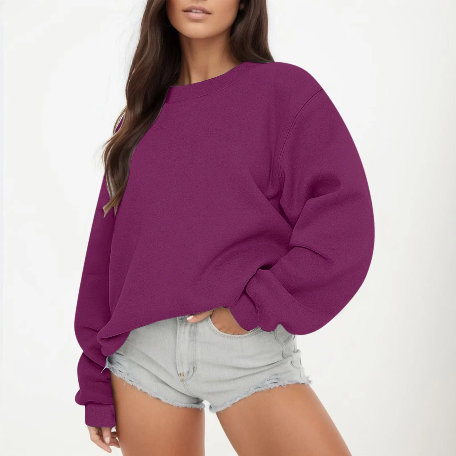

Women Hoodless Sweatshirts Round Neck Lantern Sleeves Loose Tops Ladies Solid Color Oversize Casual Sports Hoodless Streetwear