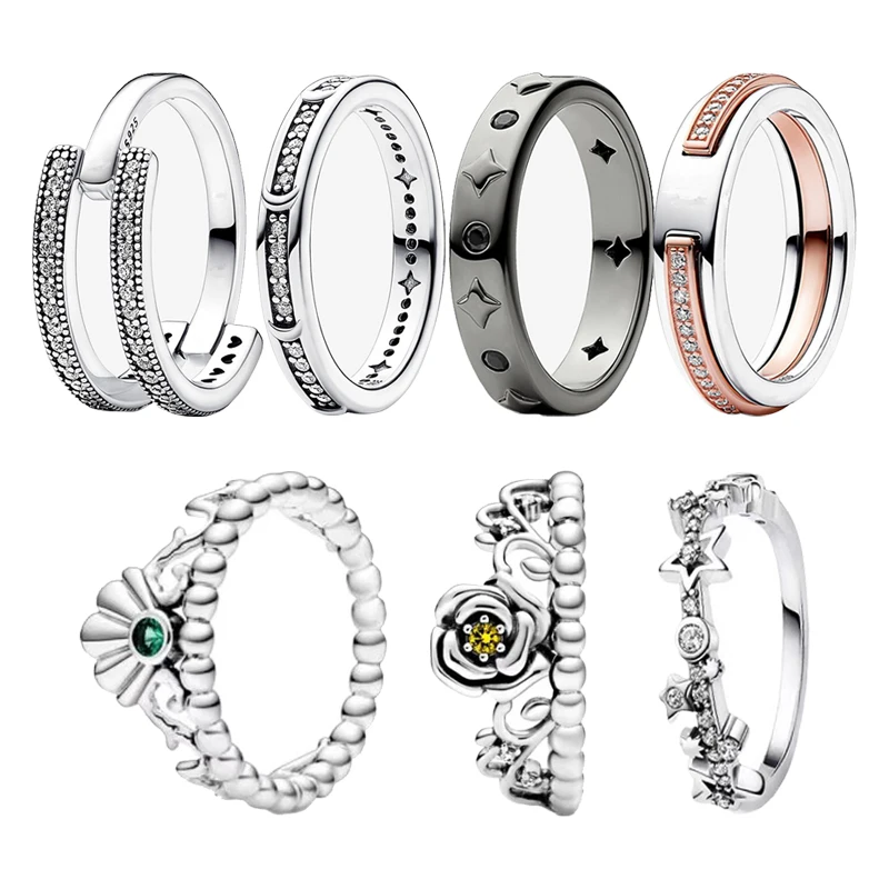 

2023 Summer New 100% 925 Sterling Silver Fashion Crown Flower Star Drop Gel Zircon Women's Gift Ring