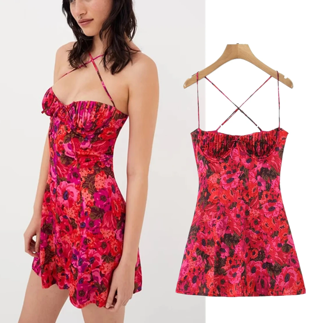 

Jenny&Dave New Fashion Clothing Floral Printing Strapless Summer Dress French Style Vintage High Street Sexy Mini Dress Women