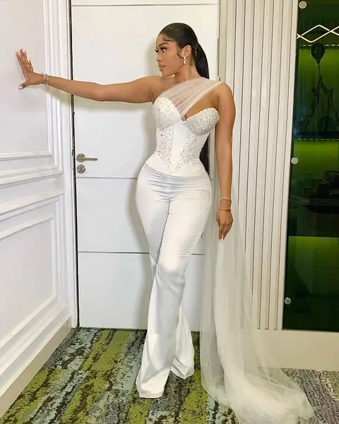 One-shoulder Prom Jumpsuit Dresses Beaded Crystal Lace-up Corset Top African Aso Ebi Evening Dress Pant Suit  Bayan abiye