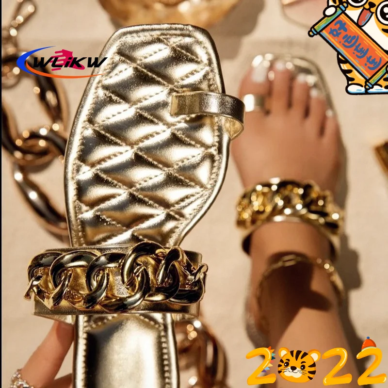 

Женские Простые сандалии с одним пальцем, уличные универсальные сандалии с цепочкой на плоской подошве для дома и отдыха, новинка 2022