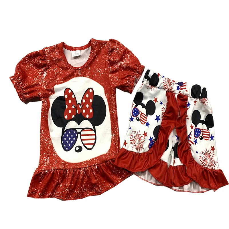 

New 4th July Outifts Short Sleeve Top Mouse Stars Shorts Girls Clothing Set