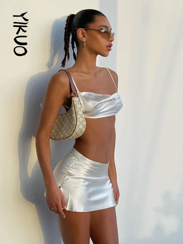 

YIKUO 2022 Summer Satin Backless Crop Top And Mini Skirt Bodycon Black Two Piece Set Women Sexy Outfits Beach Party Club