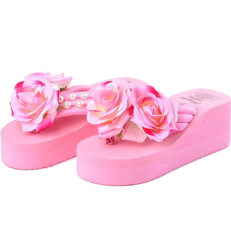

2023 New Fashion Women's Wedges Shoes Pink Eva Beach Sandal Flower Pear Flip Flop Pink Roes Outdoor Girls Slippers Heel High 6cm