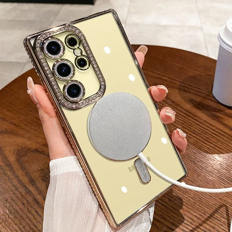 Роскошный Бриллиантовый чехол для Samsung S24 ультра прозрачный Magsafe Galaxy S23 Ultra Plus с