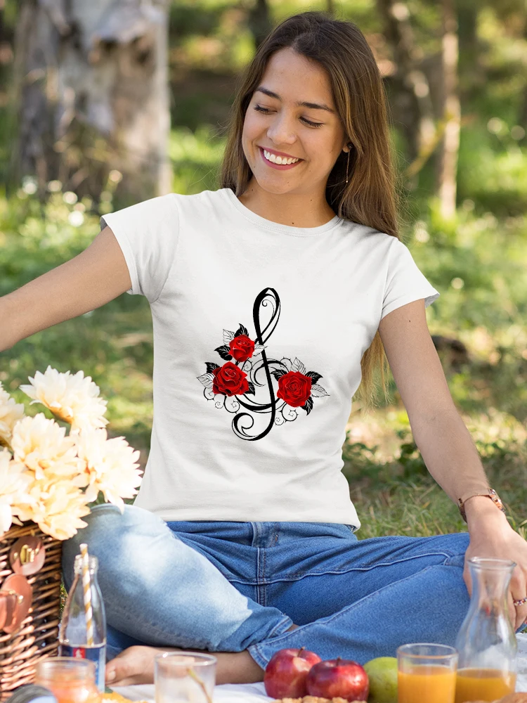 

Женская тонкая футболка с коротким рукавом, белая Повседневная футболка с принтом в виде музыкальных нот и роз, лето 2022