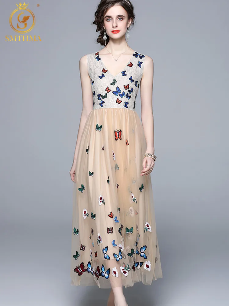 

SMTHMA New Women's Lace Patchwork Mesh Summer Dress Ladies Embroidered Flower Butterfly Sexy V-Neck High Waist Long Dress