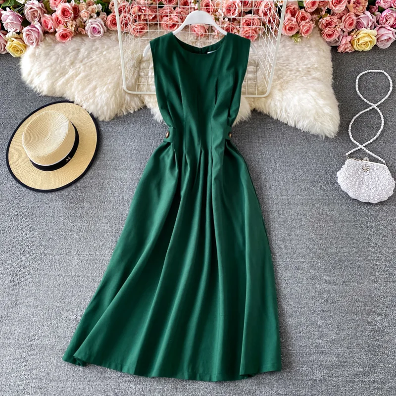 

OL Summer A Line Midi Dress Woman O Neck Sleeveless High Waist Button Party Dresses Solid Color Pleated Jurk Female Dropshipping