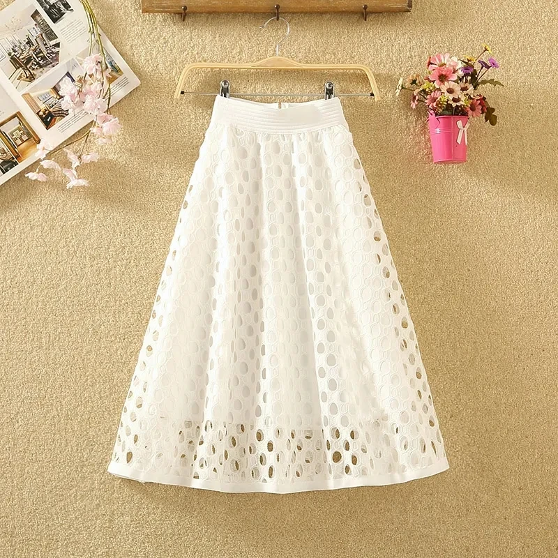 

2023 Summer Circle Hollowed-Out Lace Mid-Length Skirt Women's High Waist Fashion All-Match Slim A-Line Skirt Korean Clothes