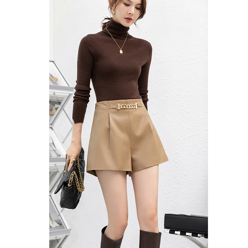 

Autumn New Genuine Leather Pants Women's High Waist Pure Sheepskin Shorts Elastic Waist Fashion Versatile Wide Leg Outer Wear