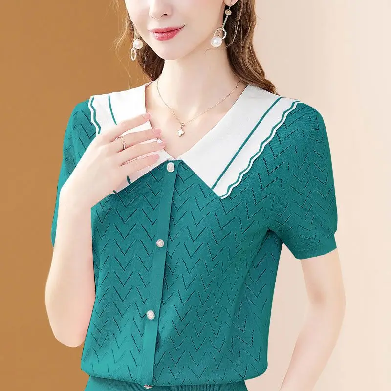 

Fashion Peter Pan Collar Spliced Button Loose Hollow Out Blouse Women's Clothing 2023 Summer New Casual Pullovers Commute Shirt