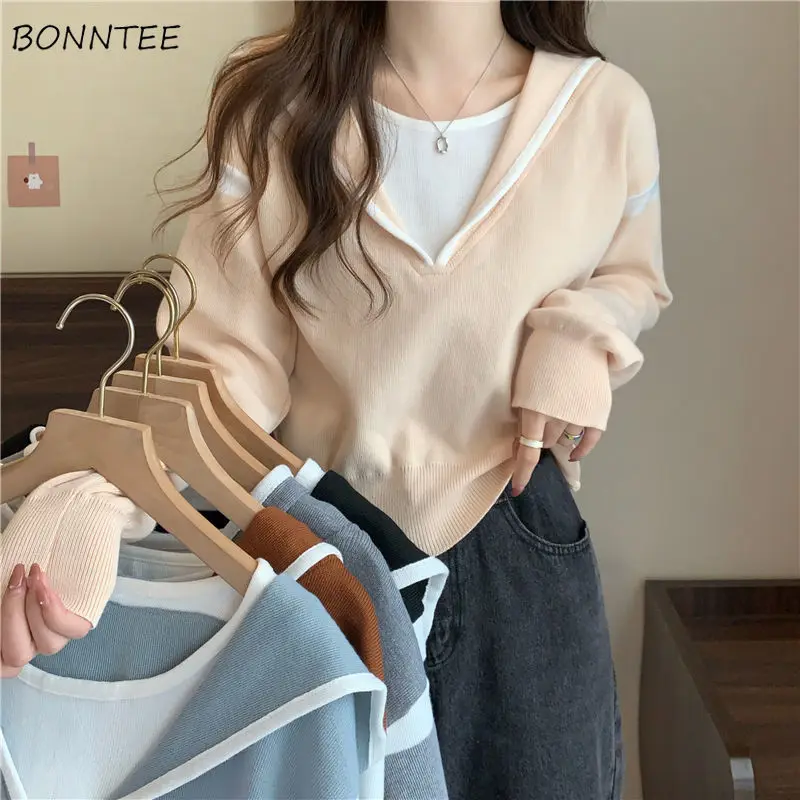 

Пуловеры с капюшоном для женщин, поддельные пуловеры из двух частей, креативные, однотонные, для отдыха, универсальные, для студентов, привлекательные, изящные, придающие возраст, милые весенние