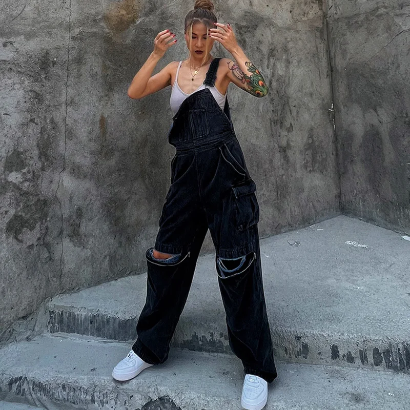 

Женский джинсовый комбинезон с широкими штанинами, высокой талией и большими карманами