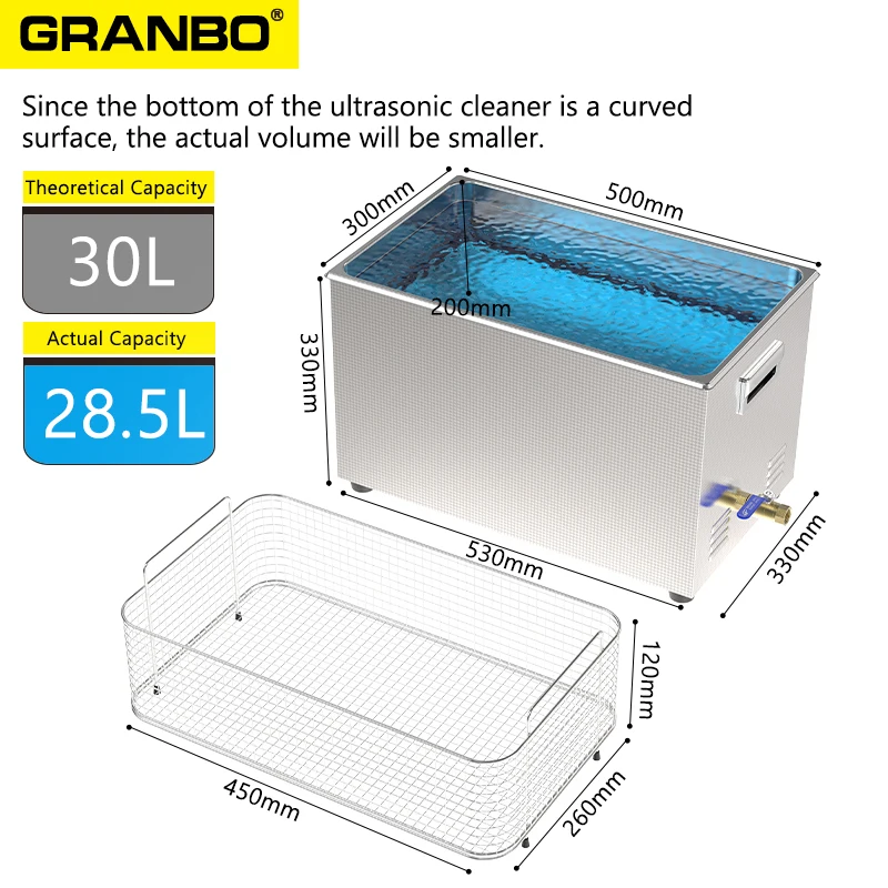 Фото Ультразвуковая мойка GRANBO 30 л, 500 Вт, с интеллектуальным импульсным шумоподавлением, многочастотными режимами 28/40/68/80/120 кГц, функцией дегазации №5