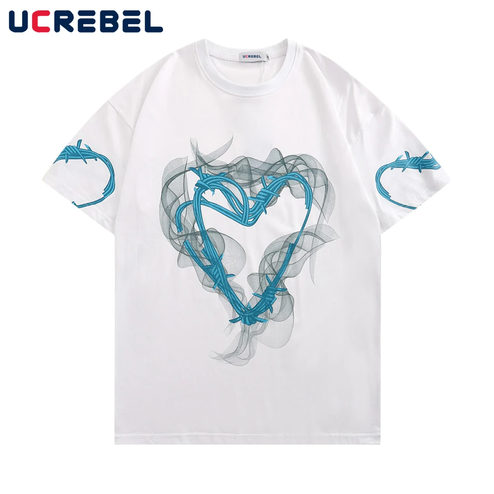 

Thorn Heart Print Short Sleeve T-shirt Mens Summer High Street Loose Half-Sleeve Streetwear Casual Crew Neck Cotton Tee Men