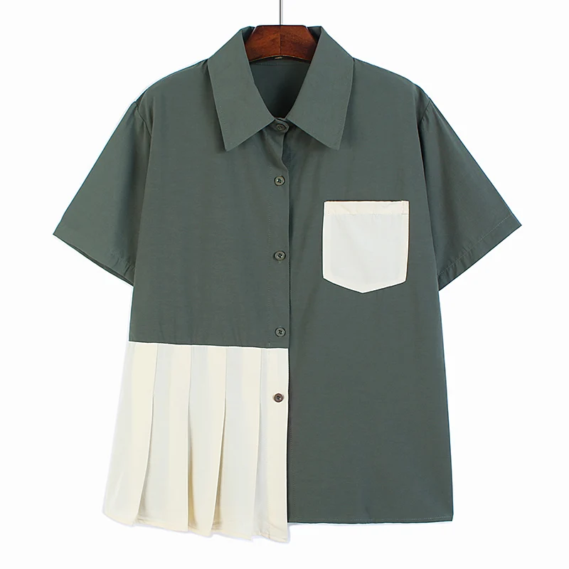 

SuperAen Contrast Pocket Short Sleeve Turn Down Collar Shirt Summer 2022 Loose Casual Slimming All Match Asymmetric Hem Top