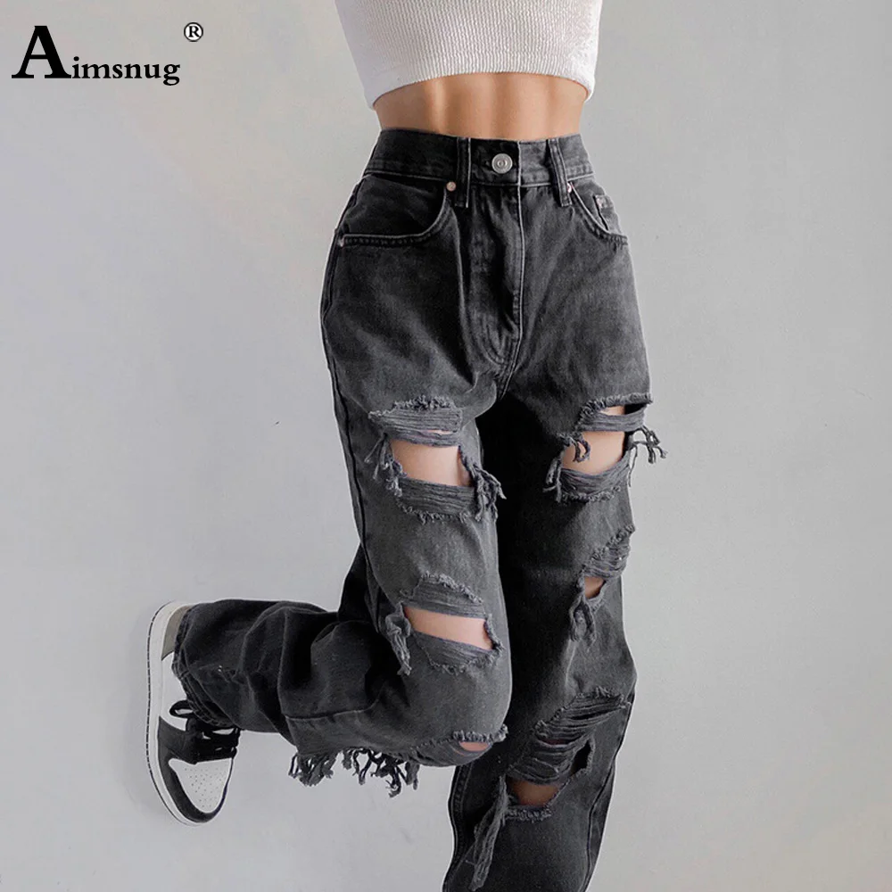 Aimsnug 2023 Vintage High Waist Jeans Demin Pant Women Straight Leg Denim Jeans Korean Fashion Hole Ripped Demin Trousers Femmes