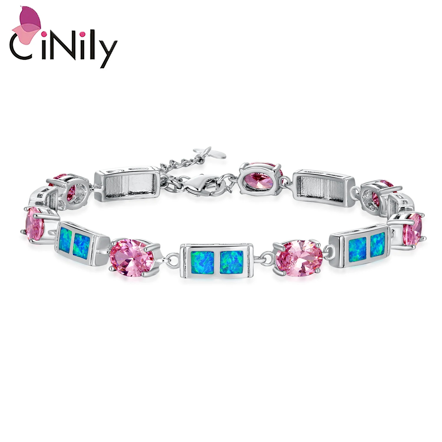 

CiNily Blue Fire Opal Pink Silver Plated Charm Bracelet Fashion for Womens Jewelry Chain Bracelet OS674