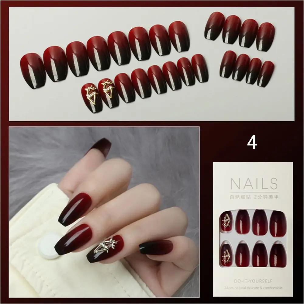 

Hot 24Pcs Fake Nails Reusable Stick On Nails Press on Full Cover False Nail Tips with Jelly Stickers Acrylic With Glue Nails Art