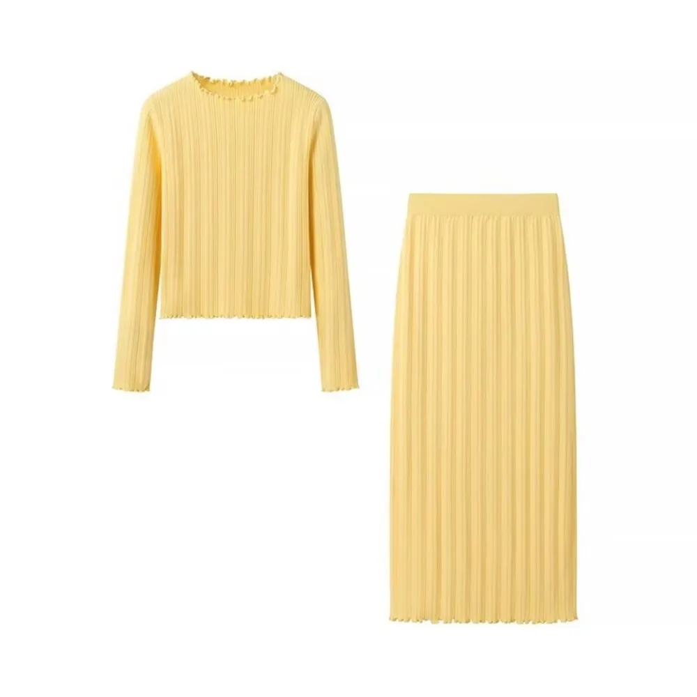 2 шт. 1 комплект женский желтый вязаный свитер в рубчик с деревянными ушками и