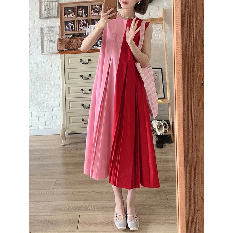 2023 Spring and Summer New Women Mosaic Sleeveless Round Neck Pleated A-line Mid-length Dress