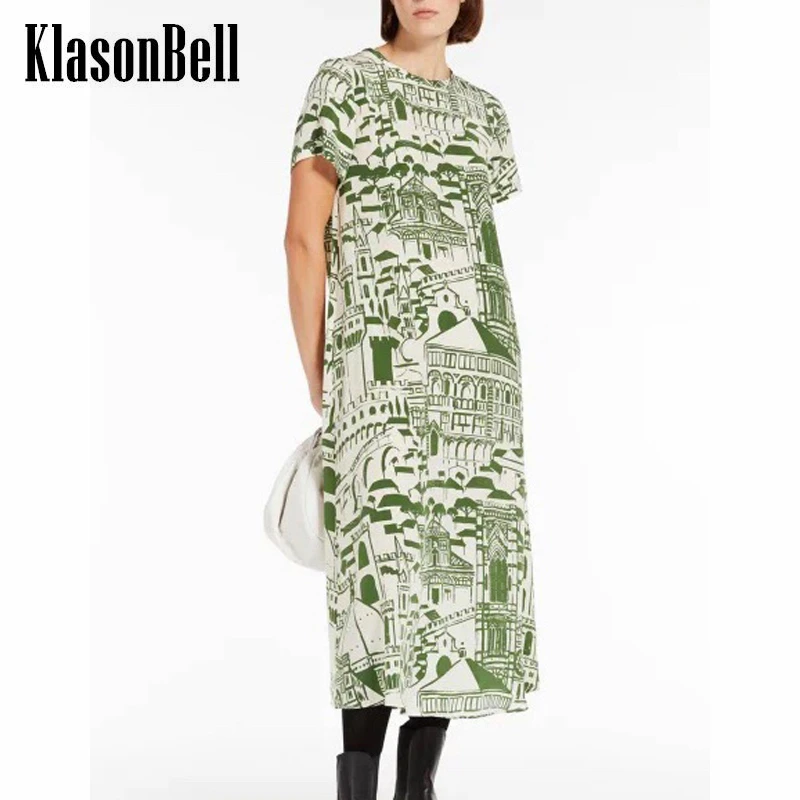 6.24 KlasonBell Fashion Architecture Print Round Neck Short Sleeve Casual Silk Midi Dress Women